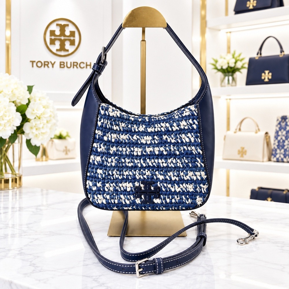 Tory Burch Thea Straw Bucket Bag Navy Blue White Woven Leather Hobo